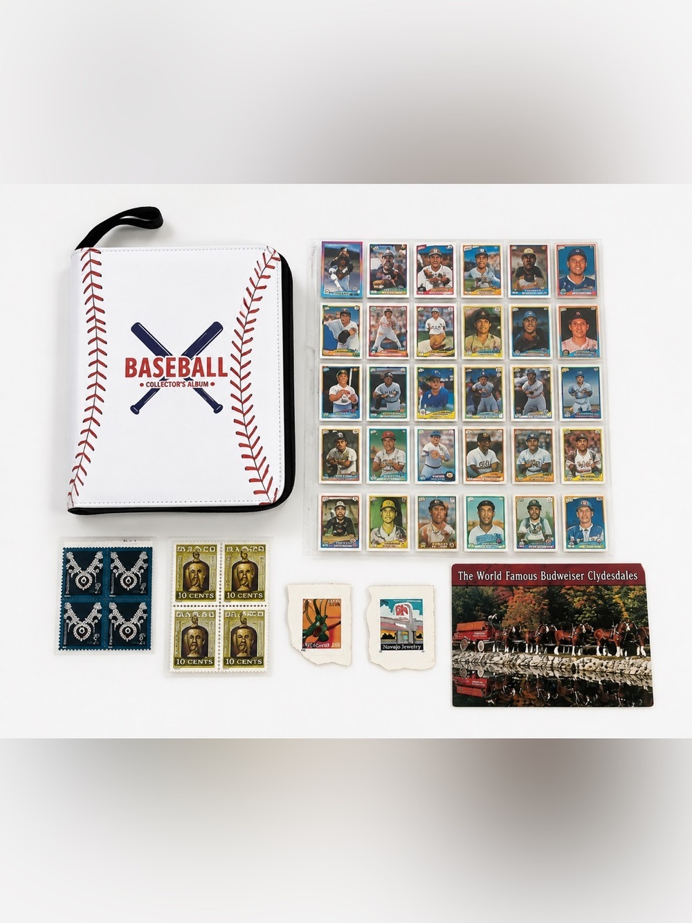 Baseball Card Binder 55 Sleeves Album + 16 Cards + Stamps + Postcard